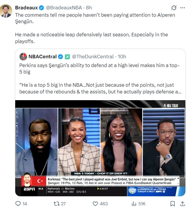 帕金斯称申京存前五中锋潜质！字母直言天空才是极限 火记晒数据力挺